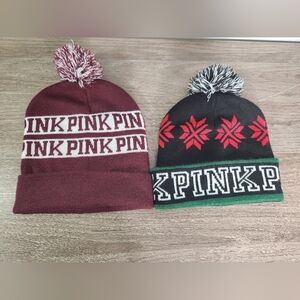 Victoria's Secret PINK Logo Pom-Pom Beanie Knit Hat - Lot Of 2
